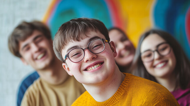 copy space, stockphoto, young man with down syndrome posing with other friends. young man with down syndrome posing with other friends. Accepting people with disiblilties or mental disadvantaged peopl