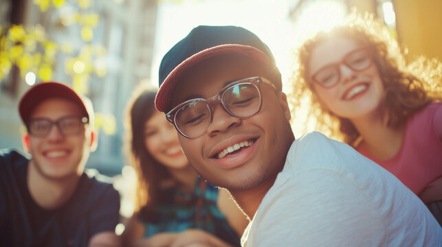 copy space, stockphoto, young man with down syndrome posing with other friends. young man with down syndrome posing with other friends. Accepting people with disiblilties or mental disadvantaged peopl