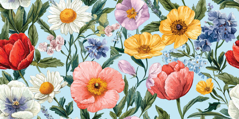 Beautiful flower collection for posters, seamless patterns with tulips daisies poppies, leaves, floral bouquets, flower compositions