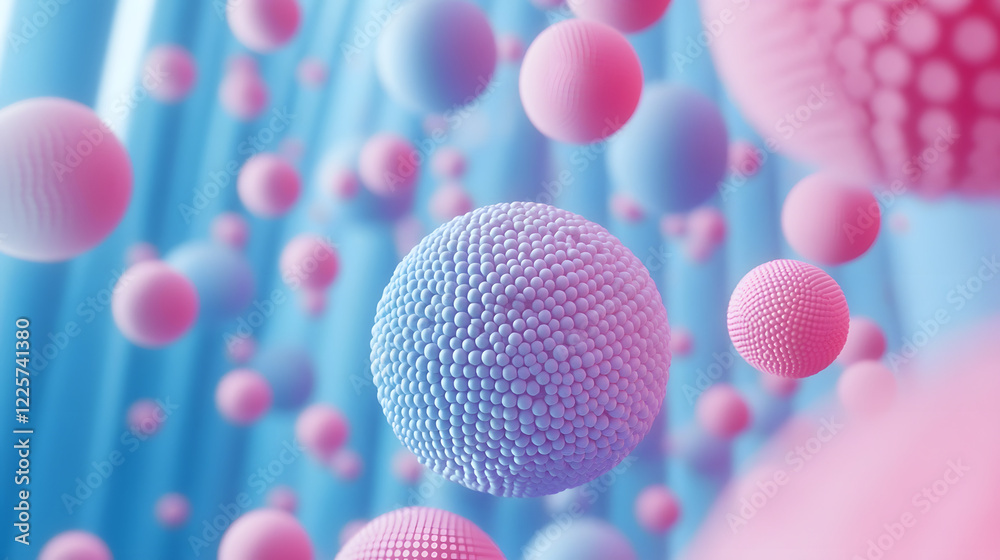 Wall mural Abstract blue and pink three-dimensional background of many spheres separated from each other and resembling drops 3D illustration 3D rendering


