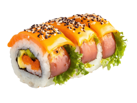 Isolated Sushi Rolls with Salmon and Sauce