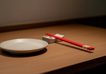 Minimalist japanese dining setting with red chopsticks and white plate on wooden table