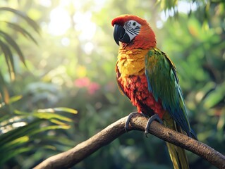Obraz premium Vibrant Macaw in Lush Tropical Setting, symbolizing vibrant wildlife and biodiversity, ideal for nature documentaries and wildlife conservation brochures.