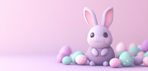 Obraz premium Adorable Easter bunny surrounded by pastel eggs. Perfect for spring and holiday greetings!