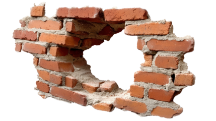 Fragment of a brick wall featuring an incomplete section with bricks, isolated on a transparent background. PNG