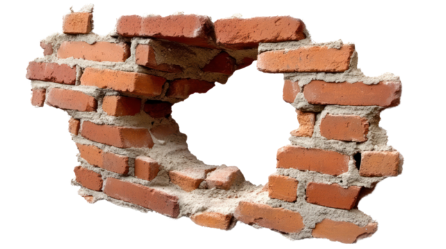 Fragment of a brick wall featuring an incomplete section with bricks, isolated on a transparent background. PNG