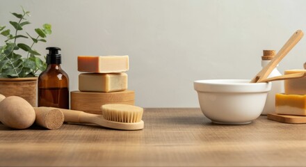 Natural bath products on wooden table with soap bars and green plant