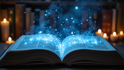 Glowing book with swirling magic in dark library, enchanting illumination
