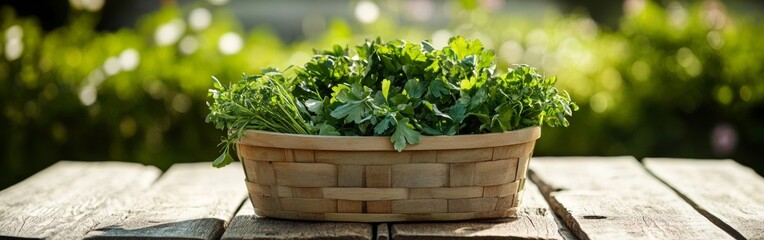 Fototapeta premium A wooden basket filled with vibrant spring herbs sits on a rustic table outdoors. The setting is bright and inviting, showcasing the freshness of the herbs amidst a lush green backdrop