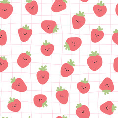 kawaii strawberries seamless pattern with checkered background for nursery prints, wallpaper, planners, stationery, digital paper, scrapbooking, textile, kids apparel, etc. EPS 10