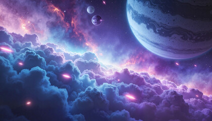 Obraz premium Cosmic surrealism with glowing meteors falling into gas giant's atmosphere