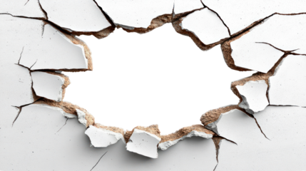 White wall with cracks and broken edges creating an opening, isolated on a transparent background. PNG