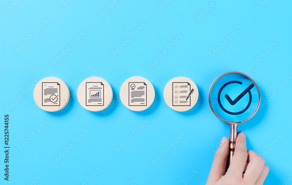 Poster quality control and certification assurance concept. a magnifying glass highlighting a checkmark cer