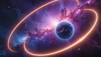 Obraz premium Glowing planet surrounded by orbiting light shards in cosmic space, surrealism