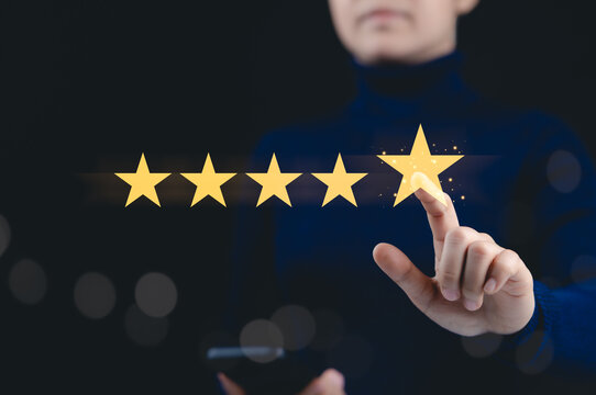 Customer Satisfaction Five-Star Rating Concept. A woman rating a service or product with a glowing five-star review, high customer satisfaction, and positive feedback. consumer experience evaluation,