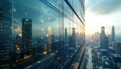 Sparkling clean high-rise window with cityscape reflection for spring window cleaning