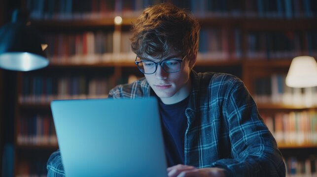 Focused student researching late in library, symbolizing dedication to learning. Ideal for educational campaigns and student-focused websites.
