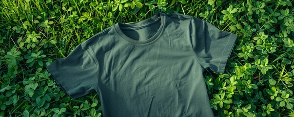 Dark green t-shirt rests on a vibrant green grass backdrop, creating an ideal space for displaying your custom designs