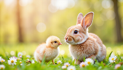 Bunny and chick gazing in flower-filled garden, spring harmony