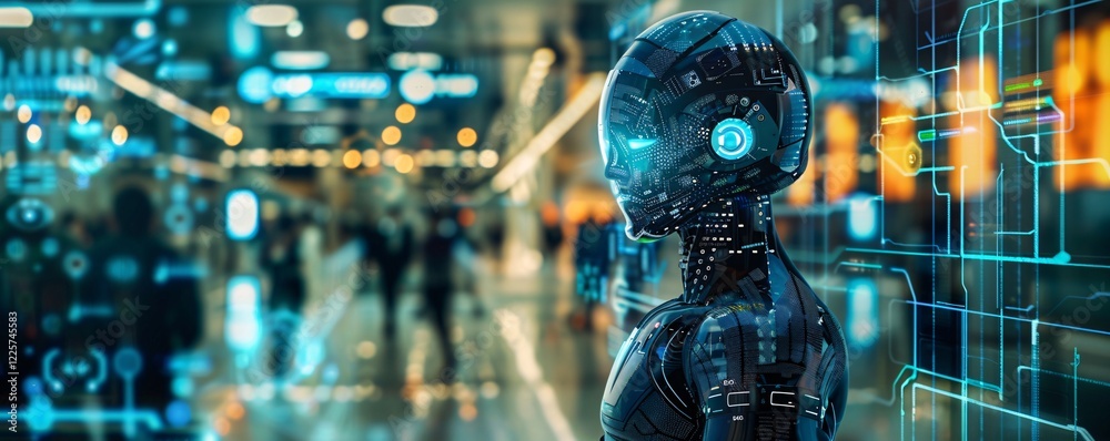 Leinwandbilder in a futuristic urban setting, an ai robot is analyzing data from security cameras