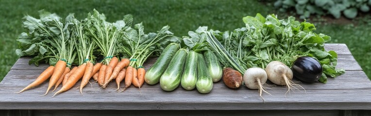 A variety of colorful spring vegetables, including carrots, zucchinis, and radishes, are beautifully arranged on a wooden table set in an outdoor garden