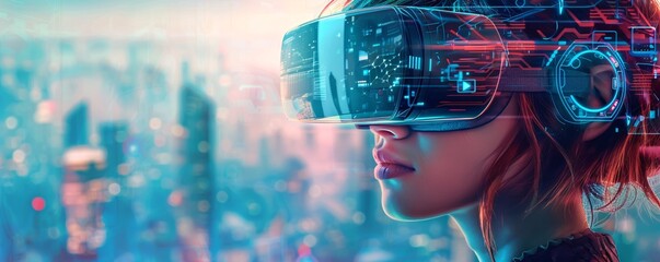 Immersed in a virtual reality experience, a woman wears a headset that overlays digital graphics onto a blurred cityscape