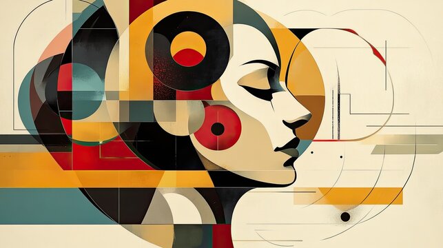 A colorful abstract composition features overlapping, stylized human profiles rendered in geometric shapes.