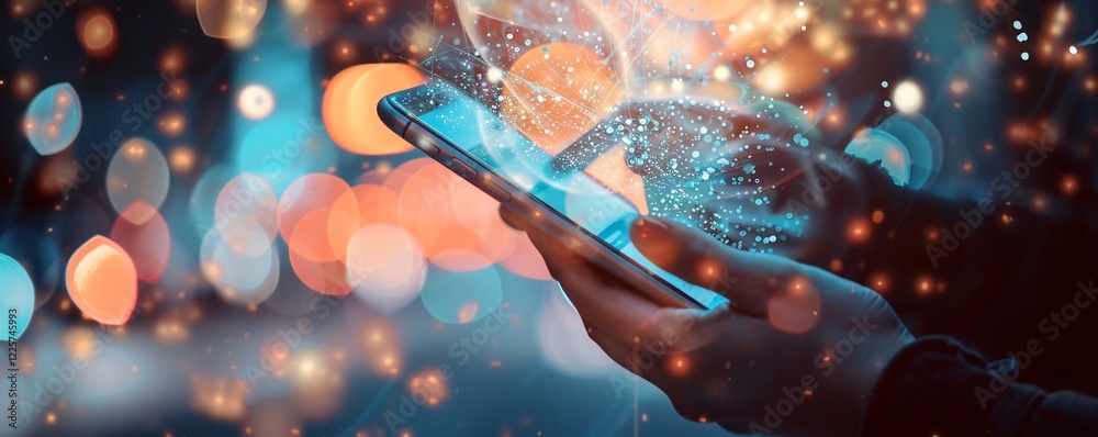 Aufkleber Businessman using smartphone to connect to global network and exchange data with a hologram of digital globe