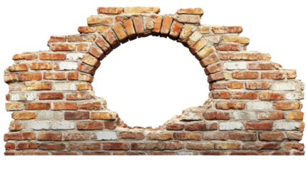 Broken brick wall displaying an arched opening in a clear style, isolated on a transparent background. PNG
