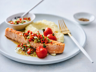 A beautifully plated salmon fillet topped with vibrant tomato salsa sits next to a serving of creamy mashed potatoes. The dish is garnished with fresh herbs, creating a mouthwatering presentation