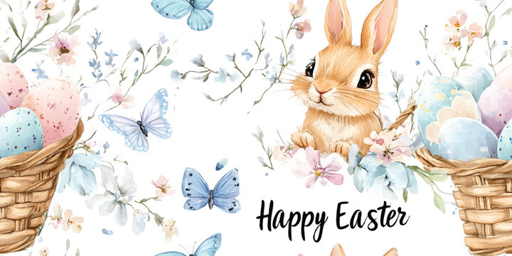 Happy Easter. Vector seamless patterns with rabbits, eggs and flowers. Vector designs, seamless festival spring pattern - Powered by Adobe