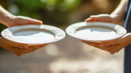 Hands holding empty plates in front