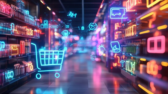 Glowing holographic icons illustrating online shopping elements like carts, payment methods, and delivery options shine in a futuristic supermarket aisle, merging technology with commerce