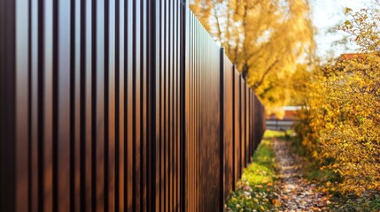 Brown metal fence with corrugated exterior for security and privacy around property