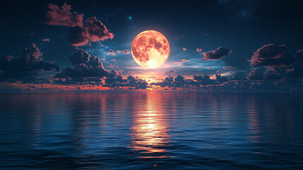 Majestic Blood Moon Rising Over the Ocean: A Serene Night Seascape