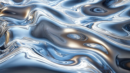 Liquid Metal Abstract: Chrome Waves, Blue Steel Texture Background. Shiny, Smooth Surface, Digital Art, Graphic Design