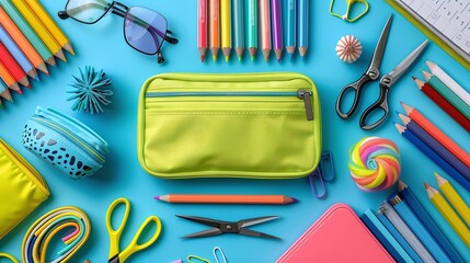 Vibrant stationery set with pencils, markers, scissors, and pouch on bright blue background, organized layout for back-to-school themes, perfect for education and creativity concepts

