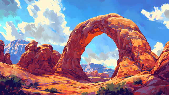 Arches national park's vibrant rock colors and unique arch formations create a captivating and otherworldly desert landscape. Desert Arch. Illustration