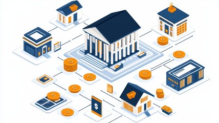 Obraz premium A digital illustration depicting a bank surrounded by various buildings and coins, symbolizing finance and economic transactions.