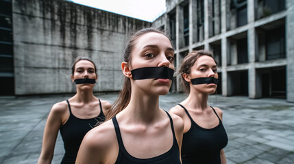 Naklejka premium Three Women Silenced: A Powerful Protest Against Censorship and Social Injustice