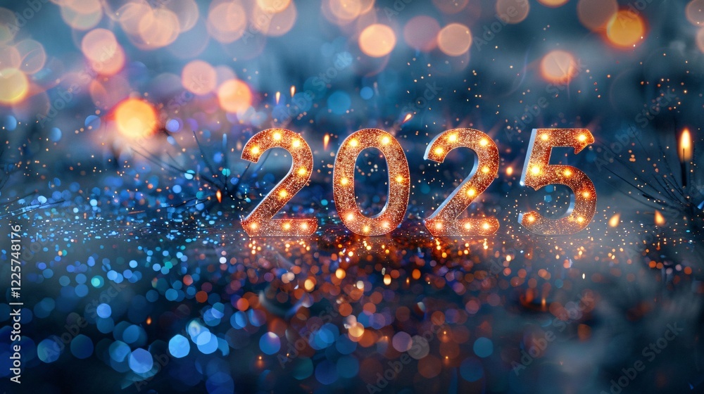 Poster sparkling 2025 new year celebration design with fireworks and bokeh lights