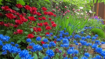 Vibrant garden in full bloom featuring variety of colorful flowers such tulips, roses, daisies arranged naturally with lush greenery scene sunlit, with soft shadows adding depth richness composition
