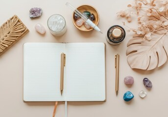 Open journal with crystals, pen, and natural decor on beige background