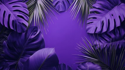 Tropical and palm leaves in vibrant bold purple color Concept art Minimal surrealism background