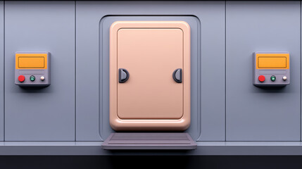 Beige access panel with a small step, flanked by gray control boxes with orange and red buttons on a light gray wall. Minimalist, geometric design.