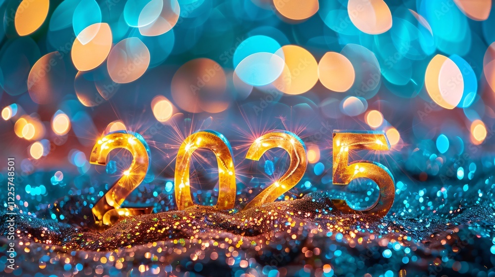 Poster 2025 golden sparkling numbers on glitter background with blue and orange bokeh