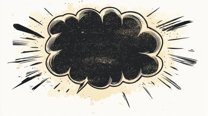 Black ink splatter shaped like a speech bubble on a beige background with radiating lines. Vintage style graphic design element with distressed texture.