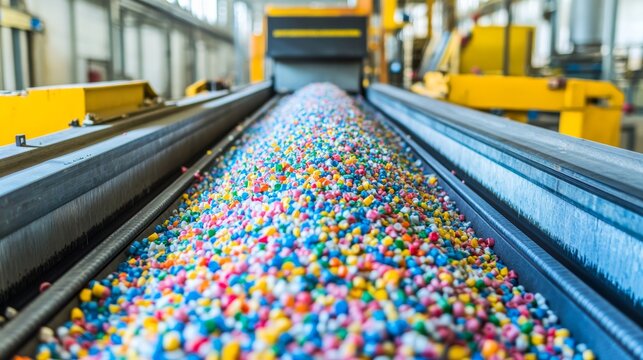 Polyethylene or propylene pellets - recycled plastic granules on conveyor belt shale shaker of waste plastic recycling machine Environmental protection separation automated technology concept