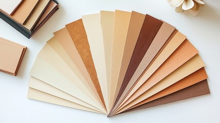 Top view of fan of colored guide spectrum palette paper collection swatch catalog samples brown and beige sheets of paper on white desk Handmade craft hobby stationary paper materials