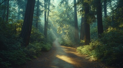 Obraz premium Well-trodden forest trail surrounded by tall trees in national park, with sunlight filtering through canopy casting soft light on path peaceful scene evokes sense tranquility connection with nature